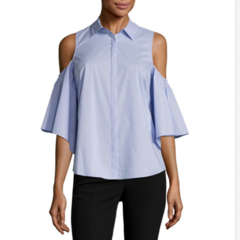 Cold Shoulder 3/4 Sleeve Button-Front Sriped Shirt
